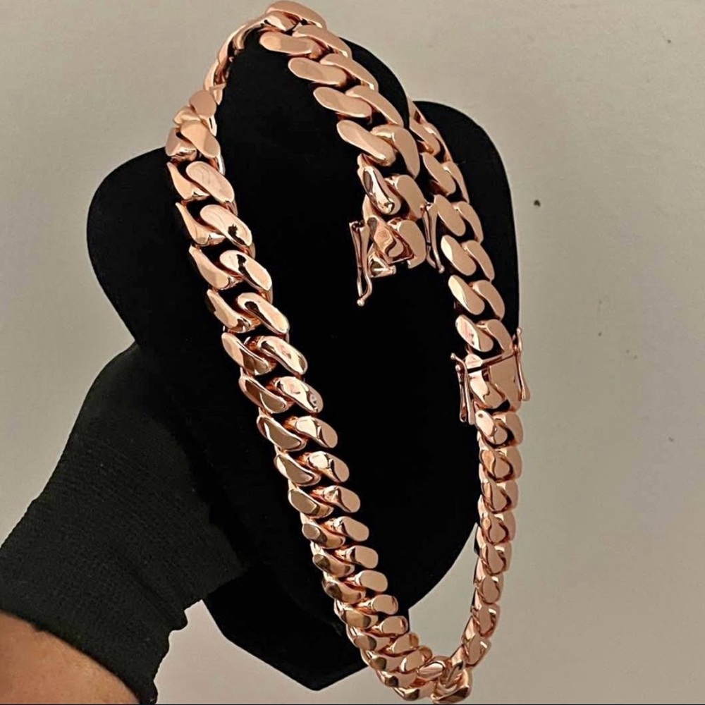 Set Chain & Bracelet 20mm Miami Cuban Link Pink Red Rose Gold Plated Chain